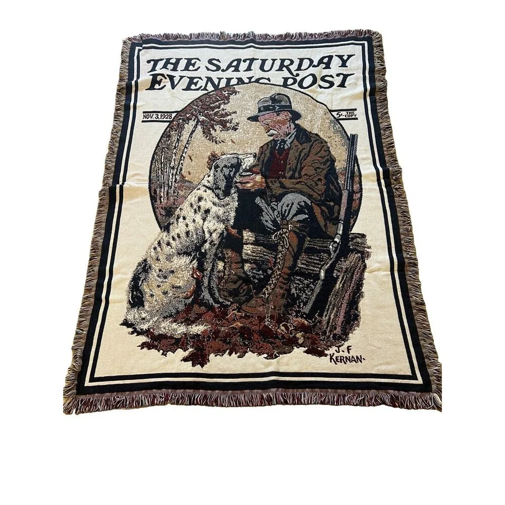 Vintage Cotton “Saturday Evening Post” Fringed Throw Blanket 65x45 Cabincore